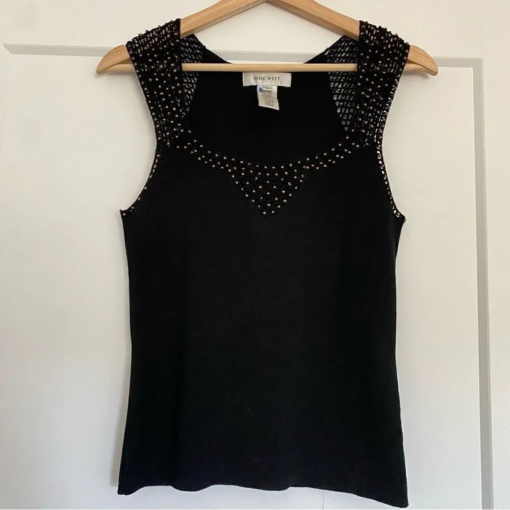 Nine West Black Beaded Formal Business Dress Sleeveless Shirt Top Blouse